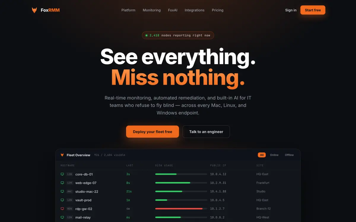 Screenshot of the FoxRMM website