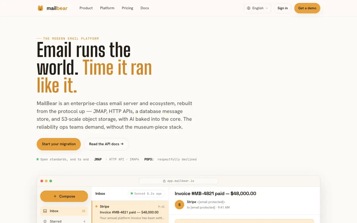 Screenshot of the MailBear website