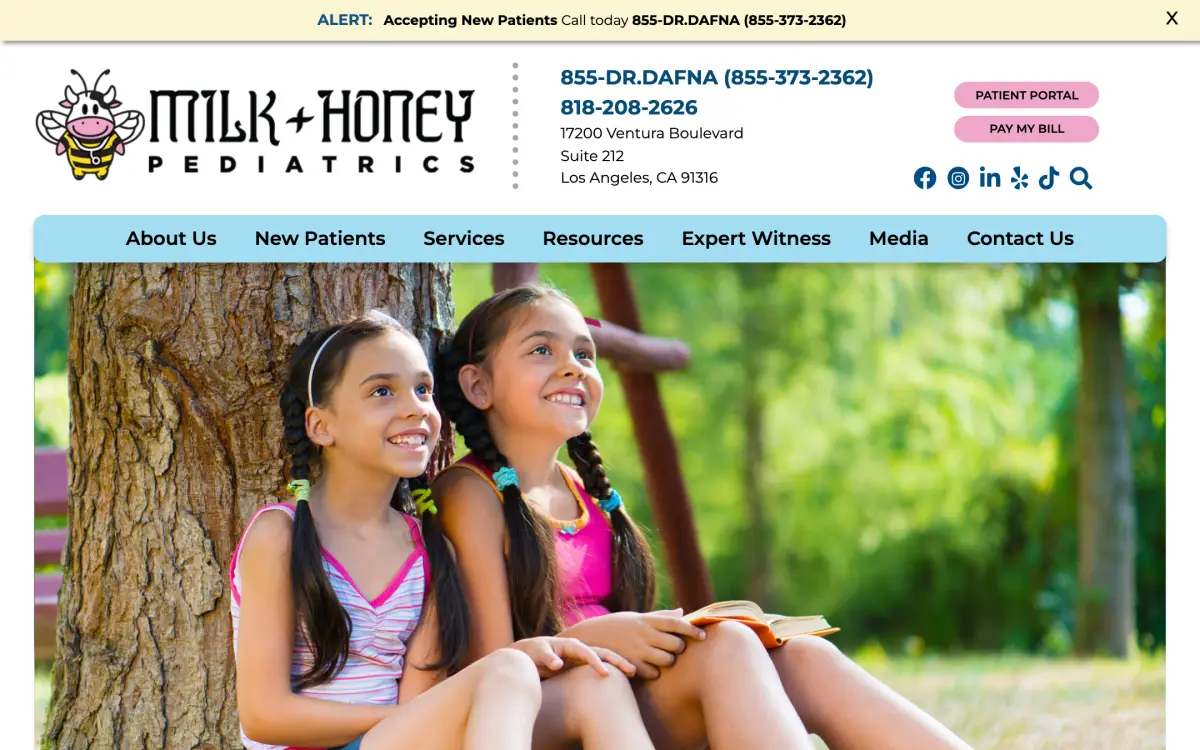 Screenshot of the Milk and Honey Pediatrics website