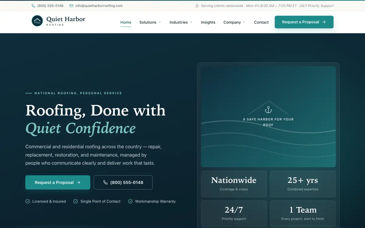 Screenshot of the Quiet Harbor Roofing website
