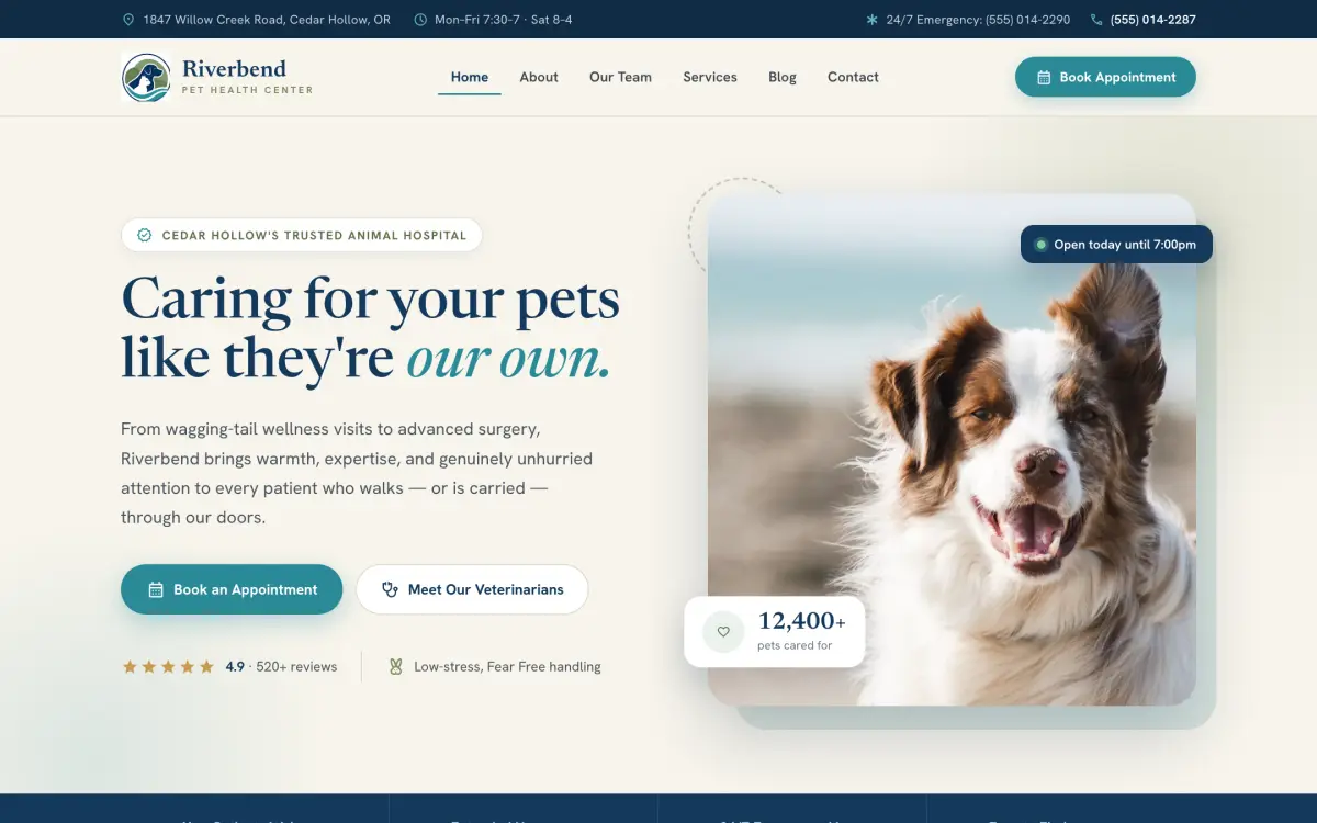 Screenshot of the Riverbend Pet Health Center website